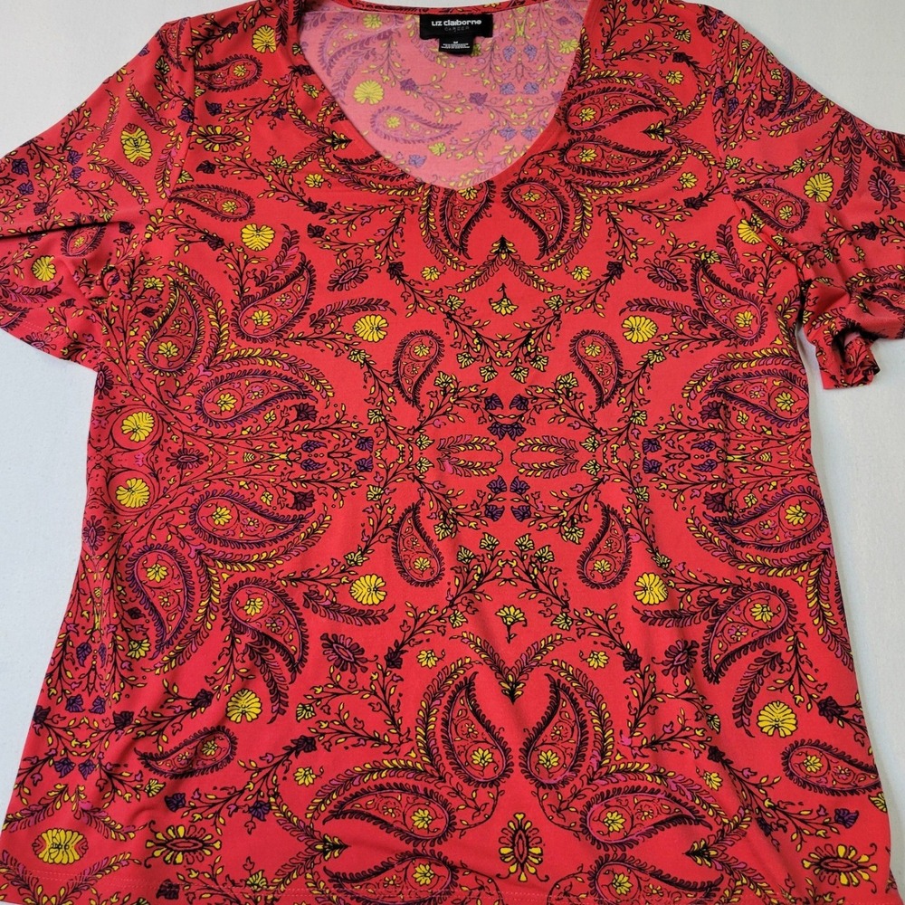 Liz Claiborne Career Red Paisley V-Neck Flutter Sleeve Top Blouse Size M 2412